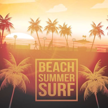 Tropikal yaz baskı afiş Beach Scene - vektör Illustra ile